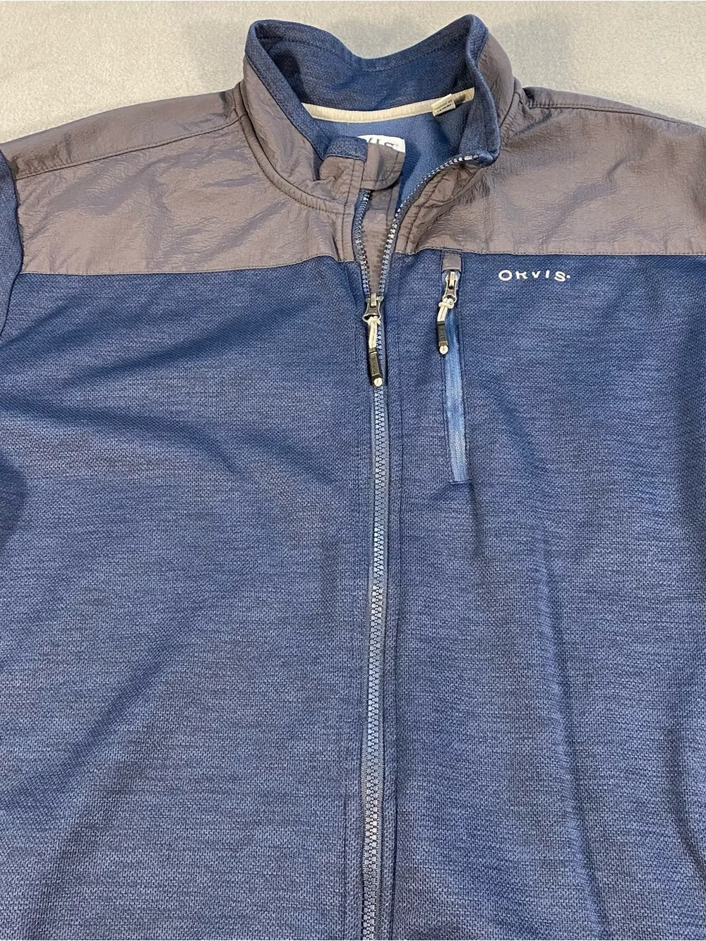 Orvis men’s Navy & Charcoal Zip-Front Long Sleeve Jacket, pockets, lined,size XL